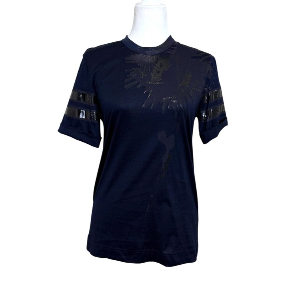 Rohka Women's Short Sleeve Top Navy Blue T-Shirt Metallic Print Cotton Size S